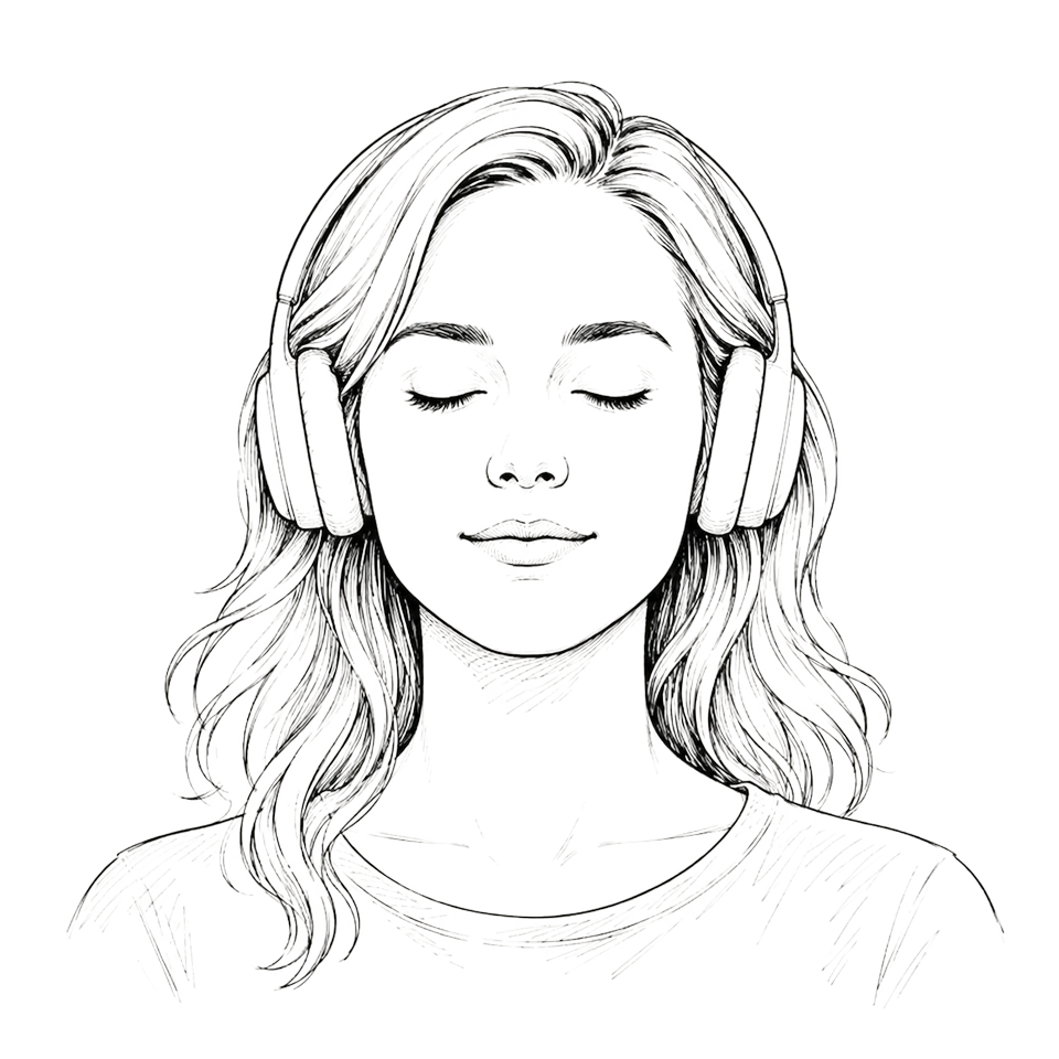 Illustration: eine Person mit Kopfhörern und geschlossenen Augen beim Meditieren