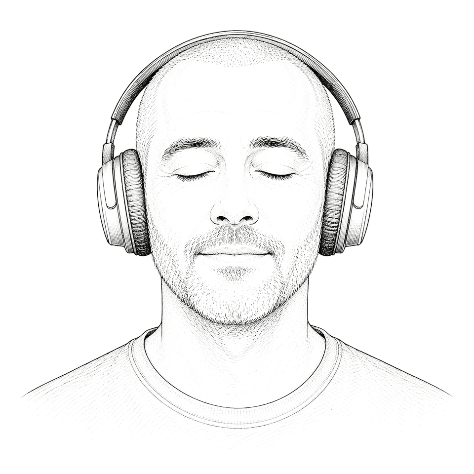 Illustration: eine Person mit Kopfhörern und geschlossenen Augen beim Meditieren