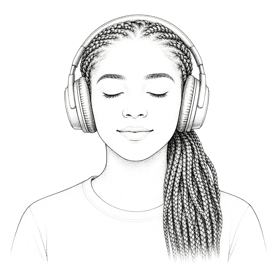 Illustration: eine Person mit Kopfhörern und geschlossenen Augen beim Meditieren