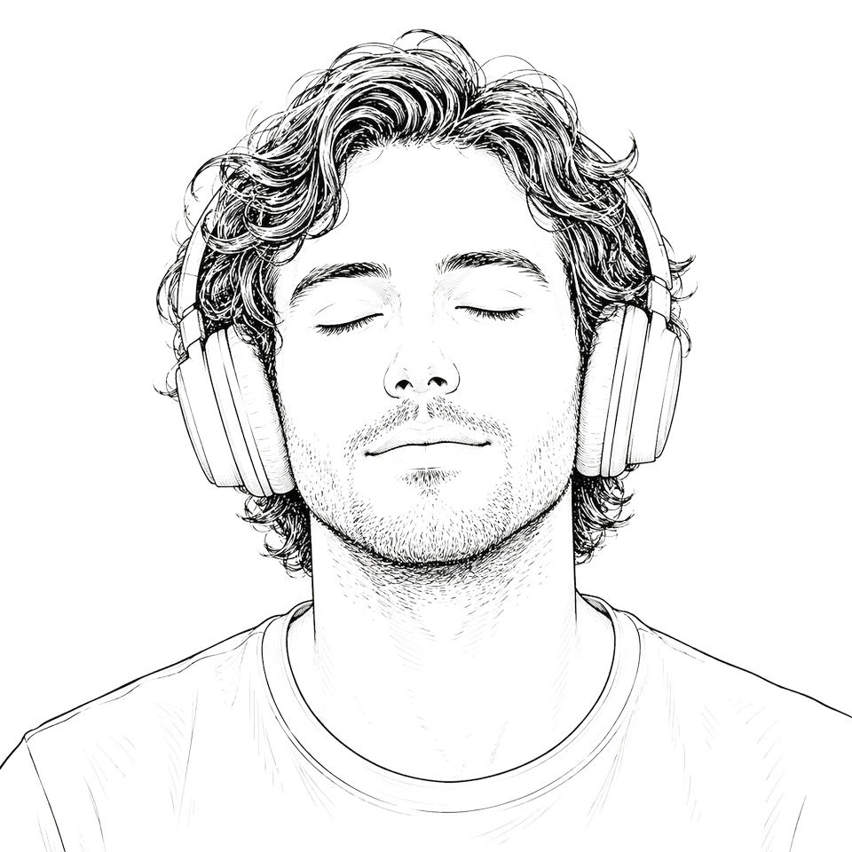 Illustration: eine Person mit Kopfhörern und geschlossenen Augen beim Meditieren