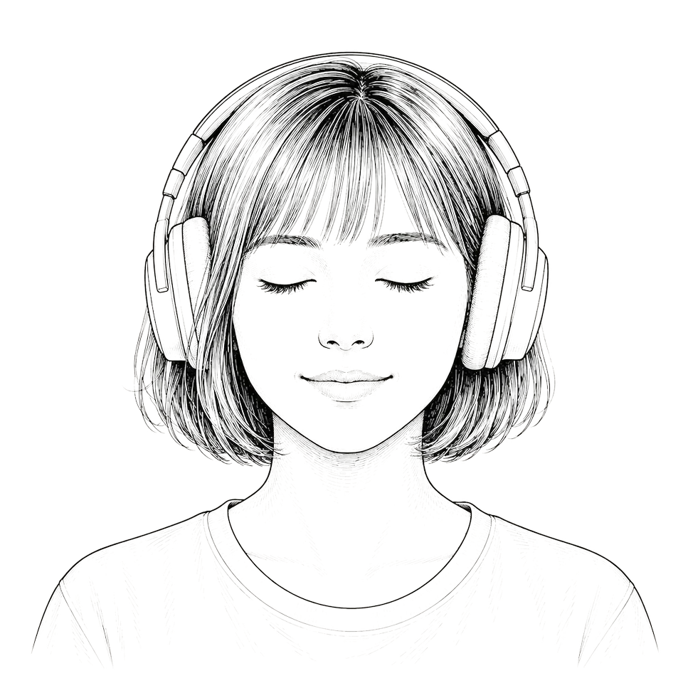 Illustration: eine Person mit Kopfhörern und geschlossenen Augen beim Meditieren