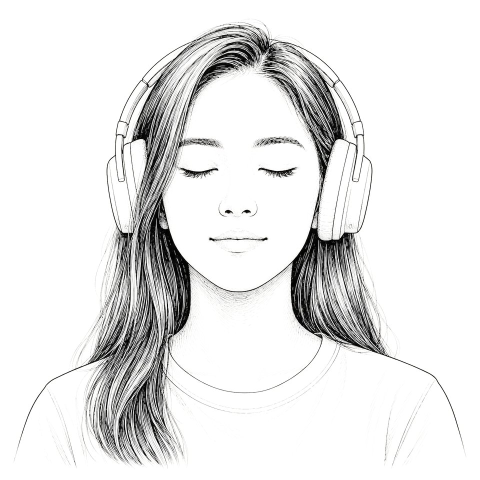 Illustration: eine Person mit Kopfhörern und geschlossenen Augen beim Meditieren