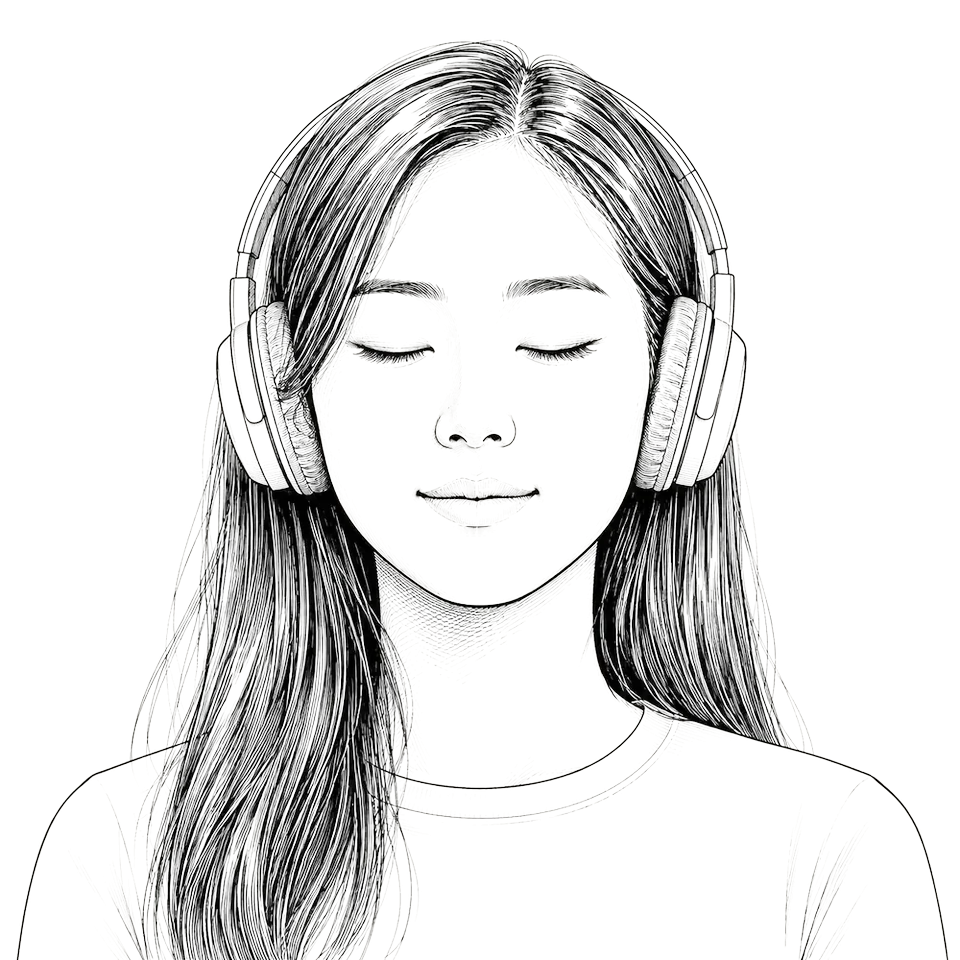 Illustration: eine Person mit Kopfhörern und geschlossenen Augen beim Meditieren