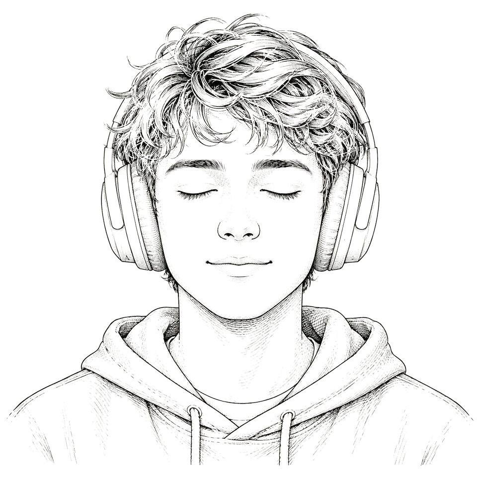 Illustration: eine Person mit Kopfhörern und geschlossenen Augen beim Meditieren