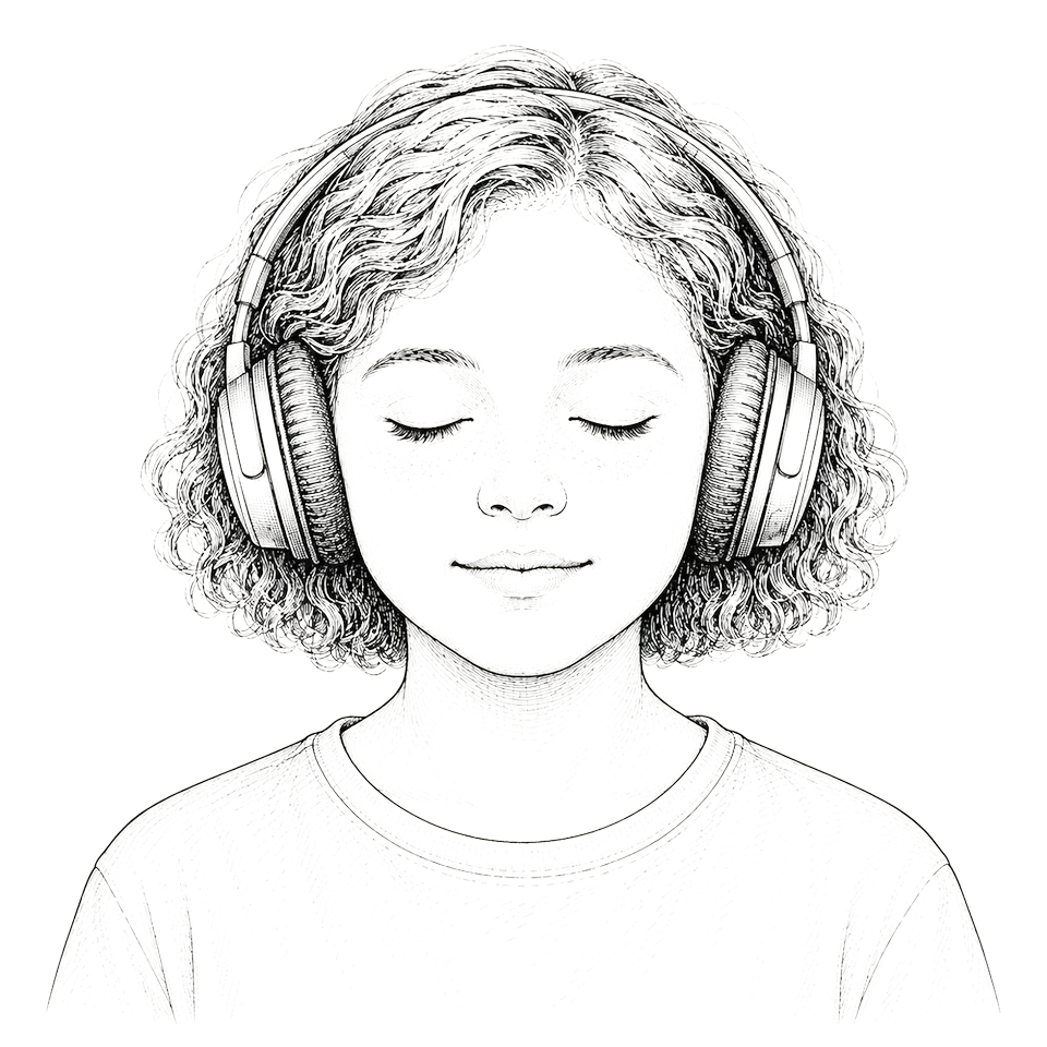 Illustration: eine Person mit Kopfhörern und geschlossenen Augen beim Meditieren