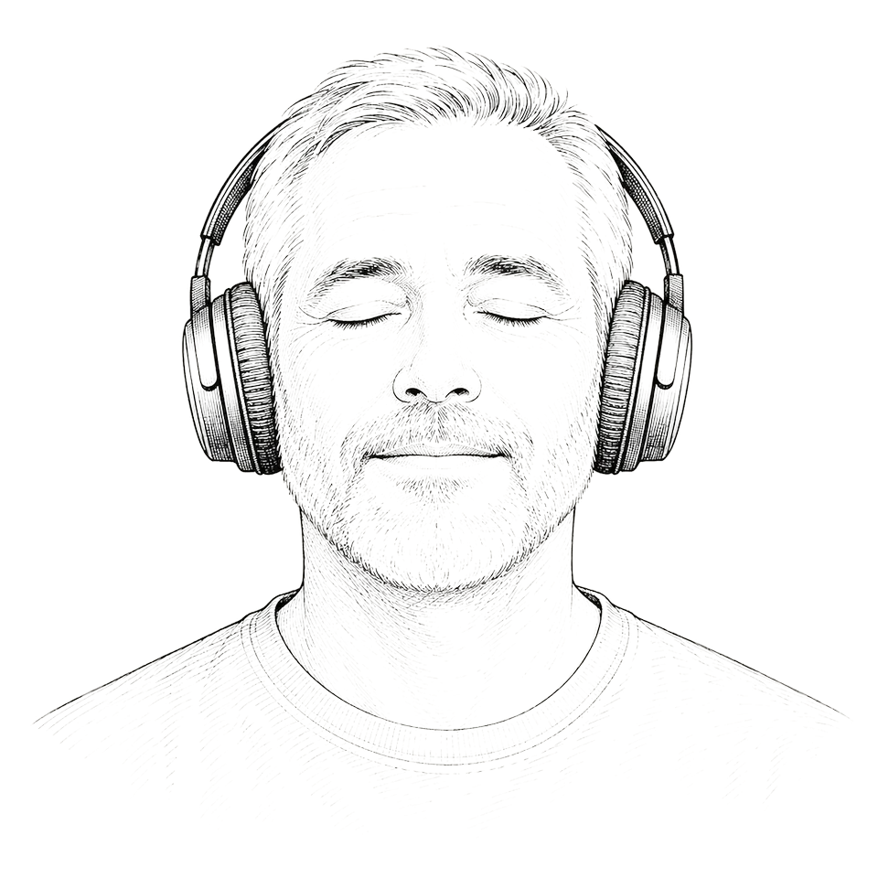 Illustration: eine Person mit Kopfhörern und geschlossenen Augen beim Meditieren