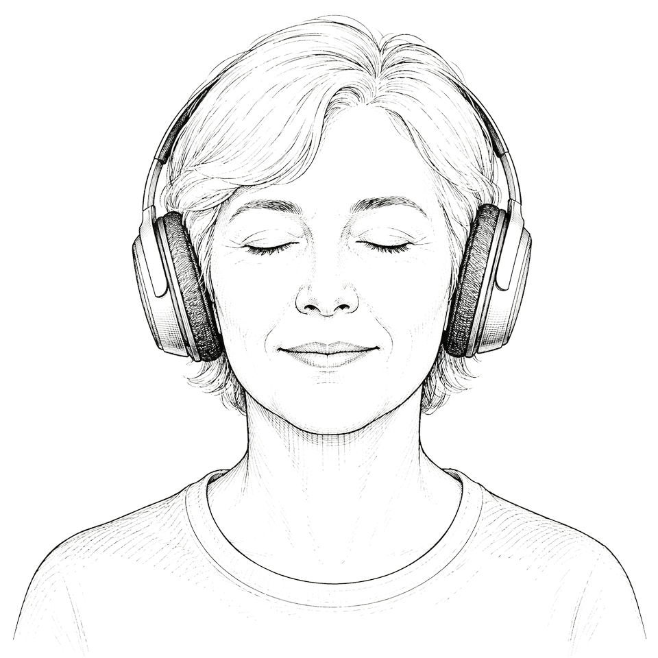 Illustration: eine Person mit Kopfhörern und geschlossenen Augen beim Meditieren
