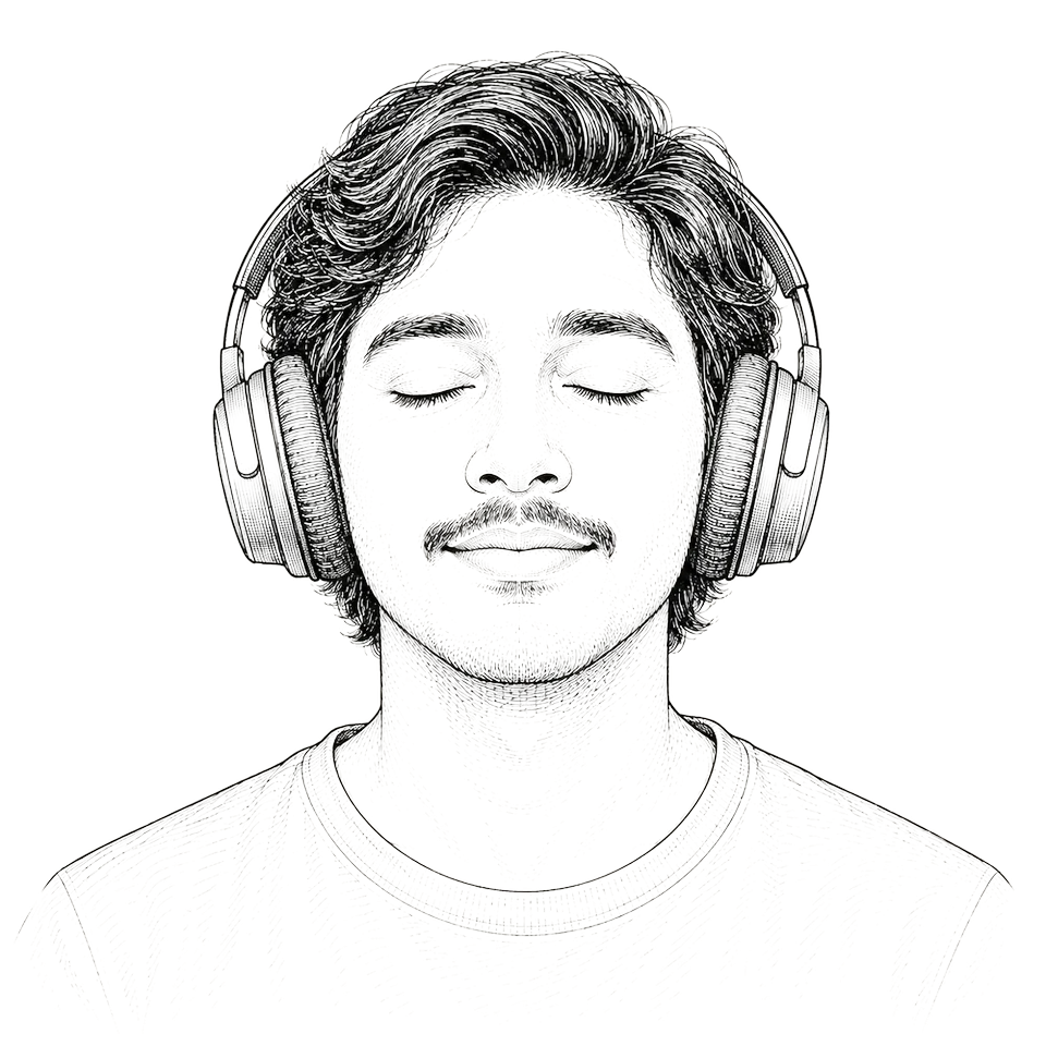 Illustration: eine Person mit Kopfhörern und geschlossenen Augen beim Meditieren