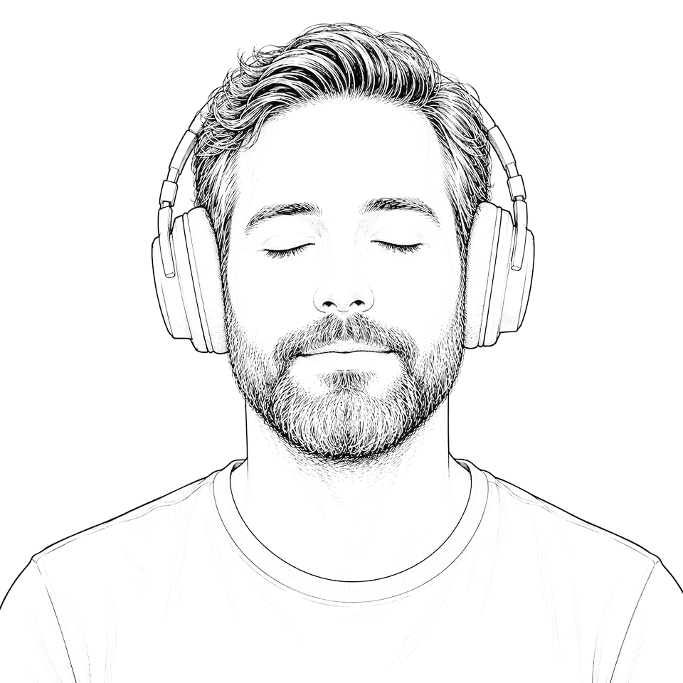 Illustration: eine Person mit Kopfhörern und geschlossenen Augen beim Meditieren