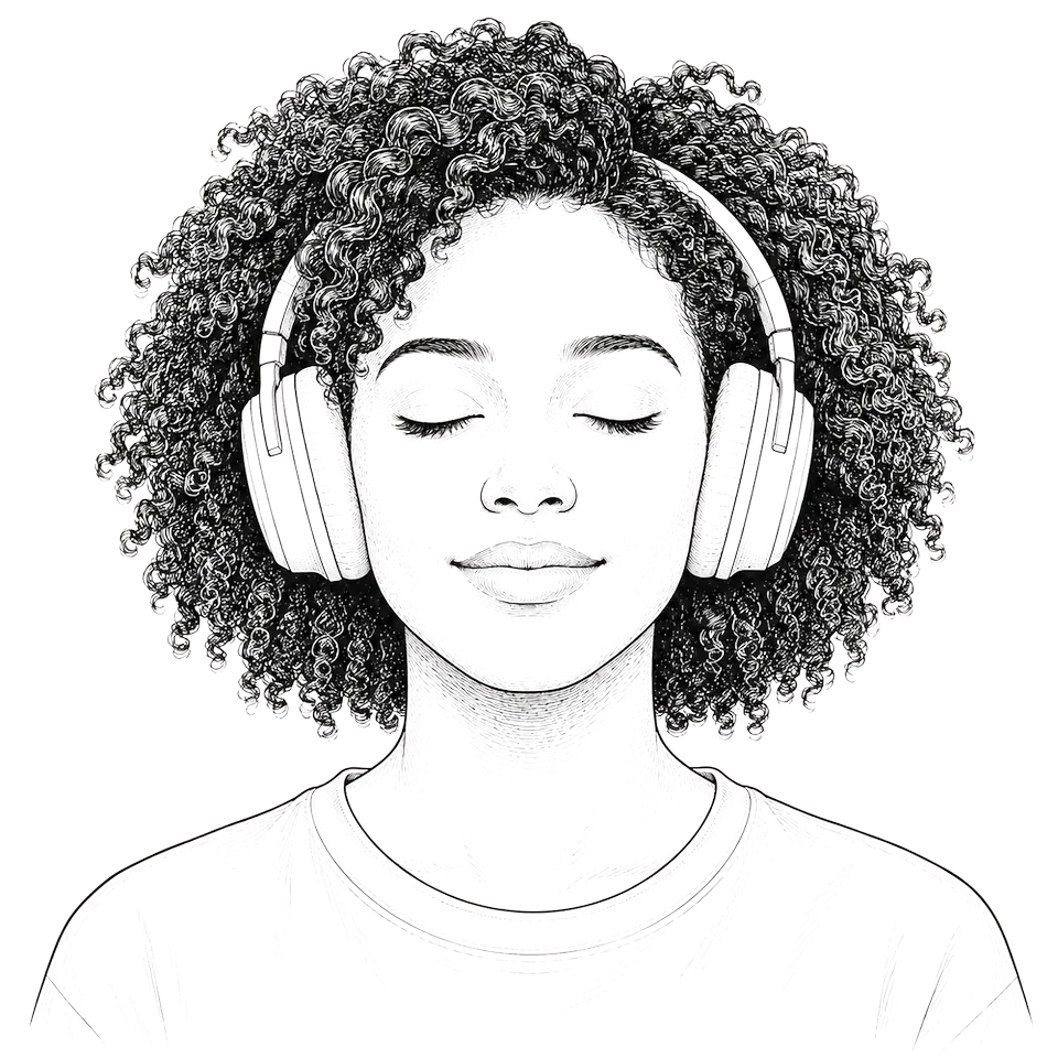 Illustration: eine Person mit Kopfhörern und geschlossenen Augen beim Meditieren
