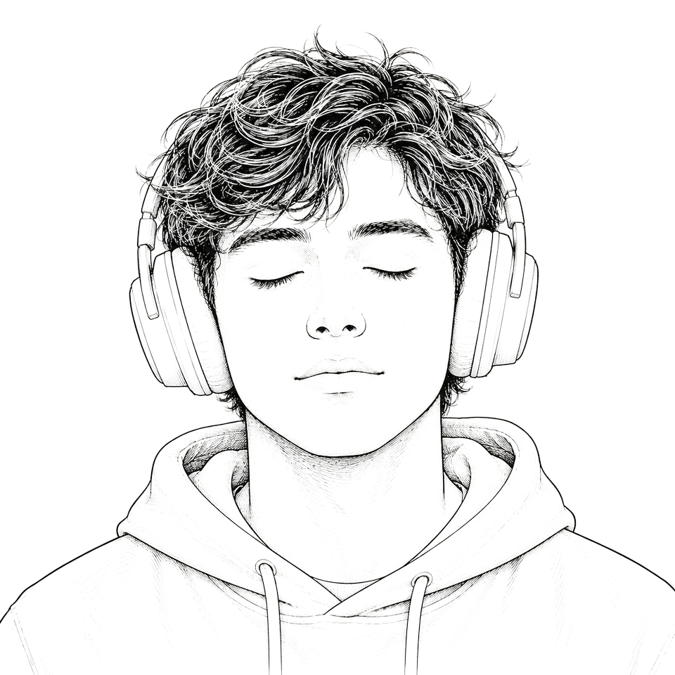Illustration: eine Person mit Kopfhörern und geschlossenen Augen beim Meditieren