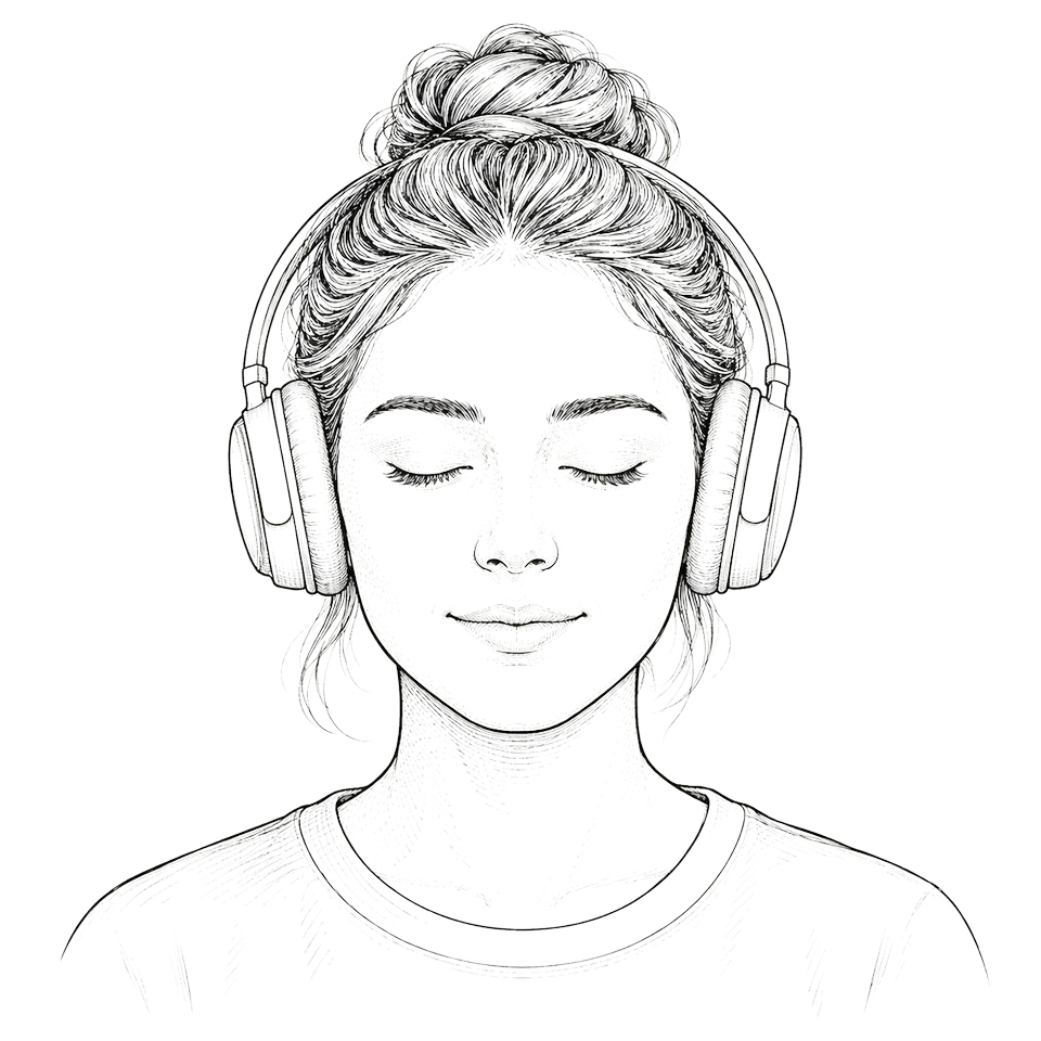 Illustration: eine Person mit Kopfhörern und geschlossenen Augen beim Meditieren