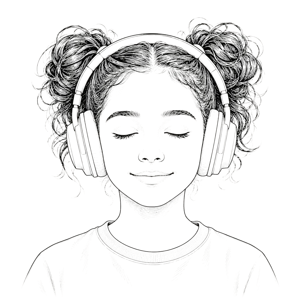 Illustration: eine Person mit Kopfhörern und geschlossenen Augen beim Meditieren