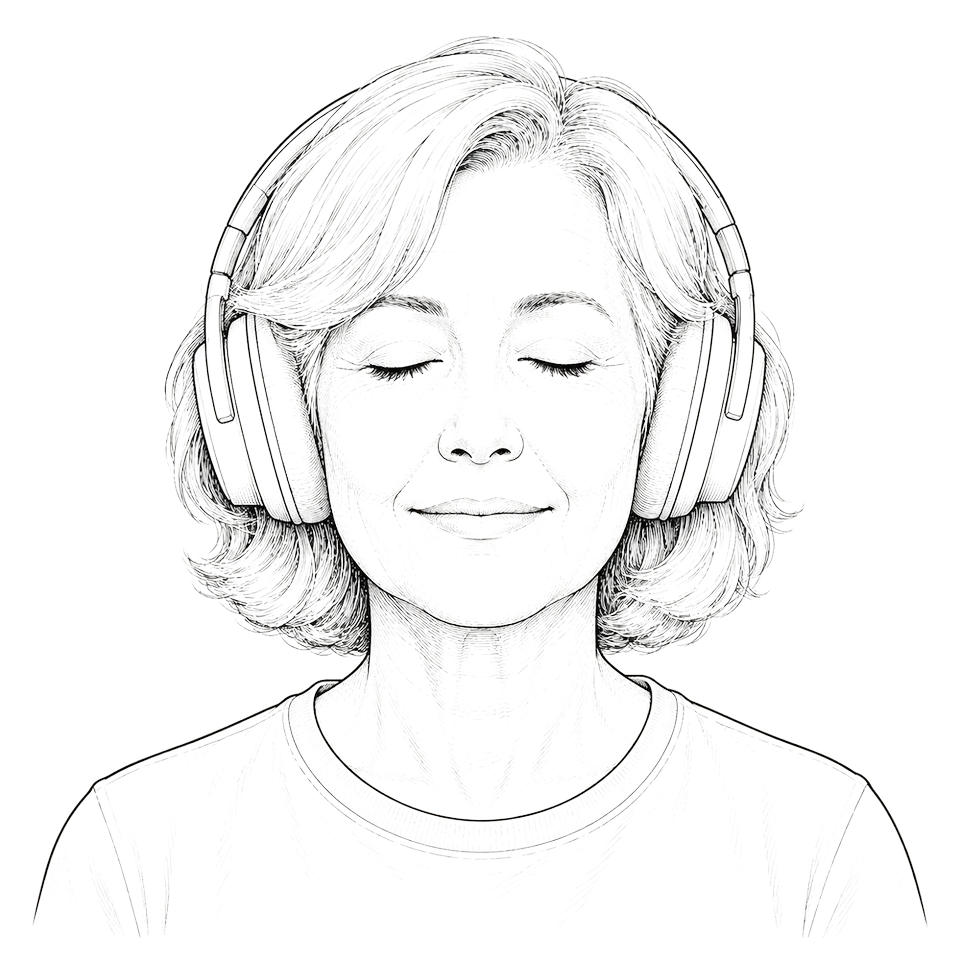 Illustration: eine Person mit Kopfhörern und geschlossenen Augen beim Meditieren