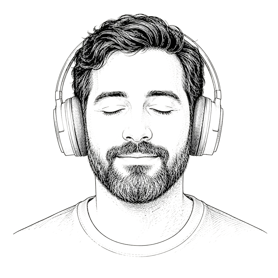 Illustration: eine Person mit Kopfhörern und geschlossenen Augen beim Meditieren