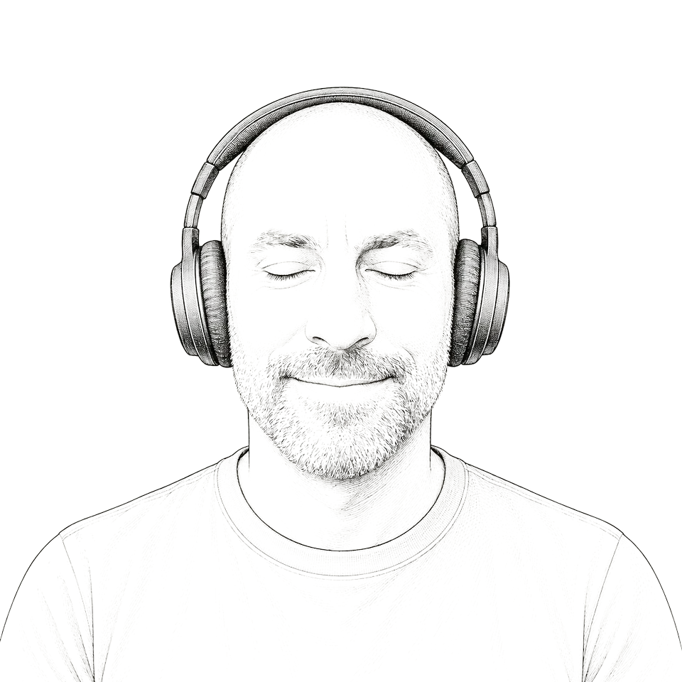 Illustration: eine Person mit Kopfhörern und geschlossenen Augen beim Meditieren