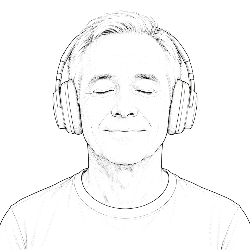 Illustration: eine Person mit Kopfhörern und geschlossenen Augen beim Meditieren
