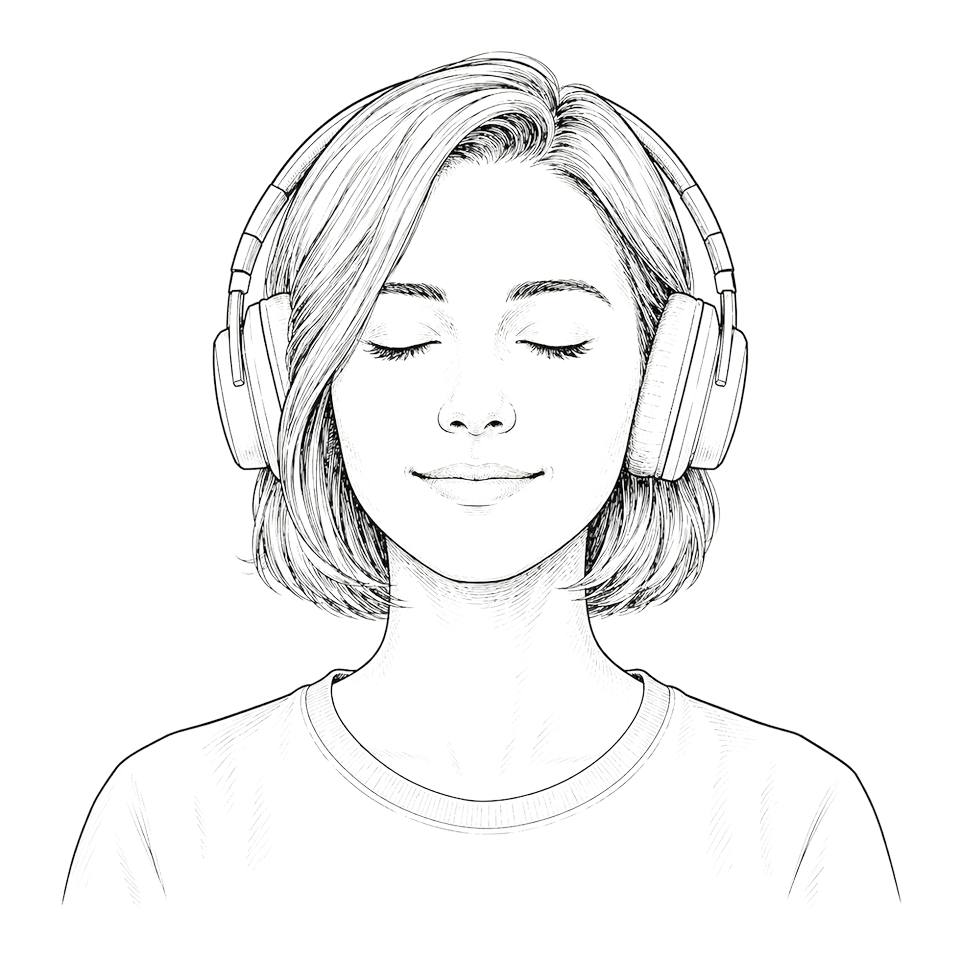 Illustration: eine Person mit Kopfhörern und geschlossenen Augen beim Meditieren