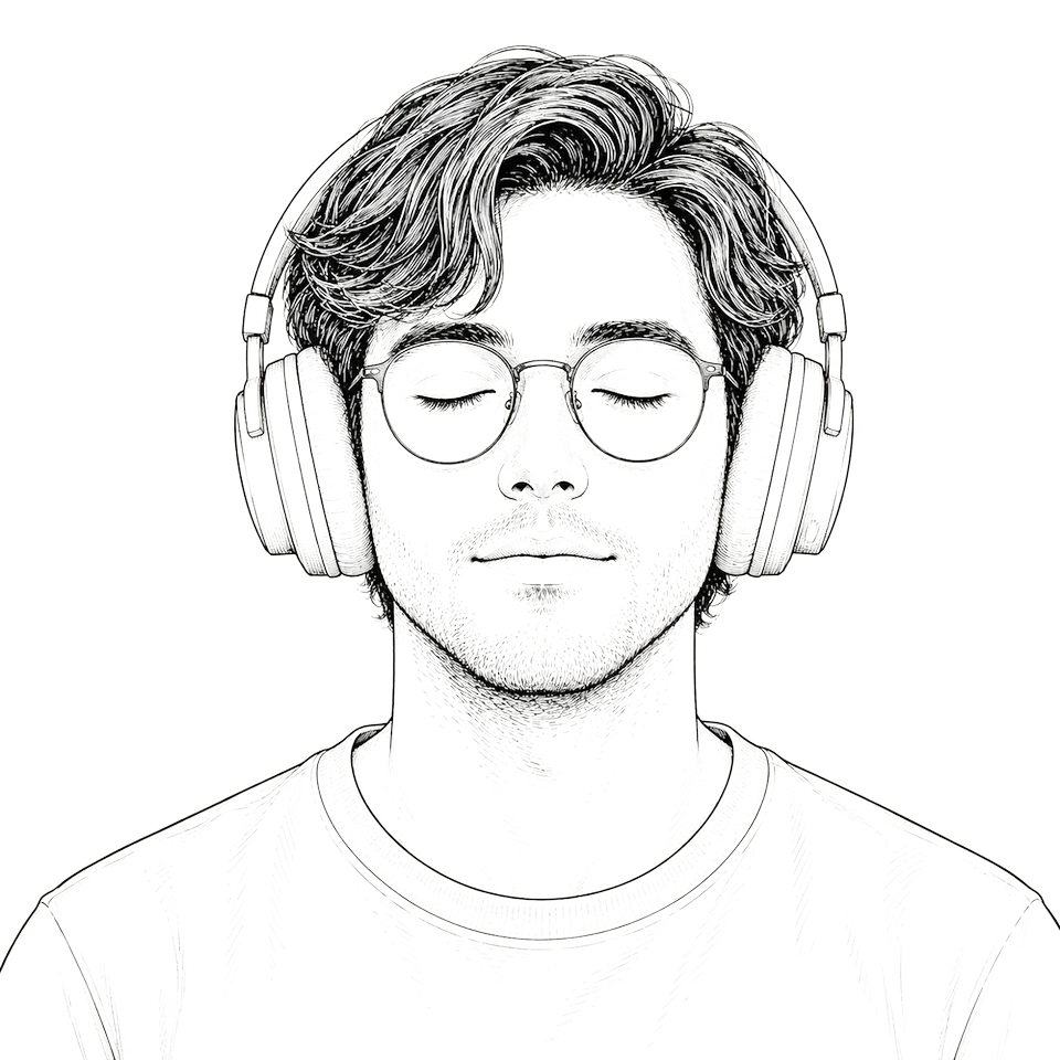 Illustration: eine Person mit Kopfhörern und geschlossenen Augen beim Meditieren