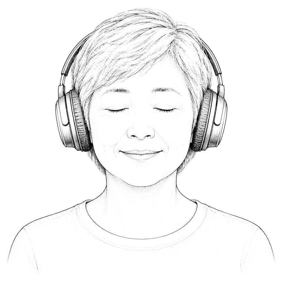Illustration: eine Person mit Kopfhörern und geschlossenen Augen beim Meditieren